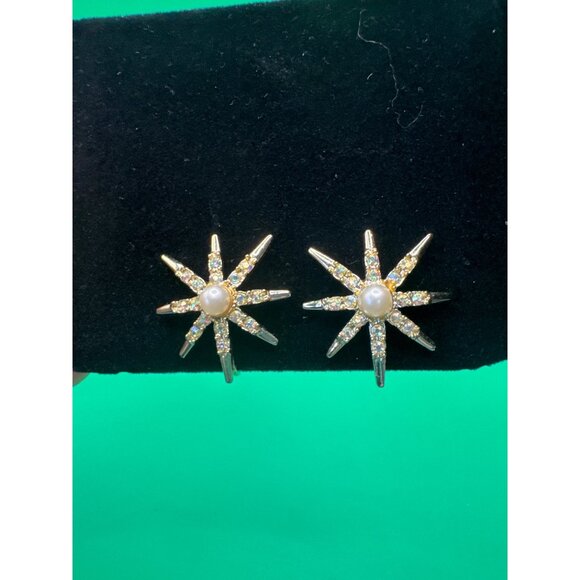 Vintage Gold Starburst Earrings W/ Pearl & Rhinestones Clip-On Costume Jewelry - Picture 3 of 4